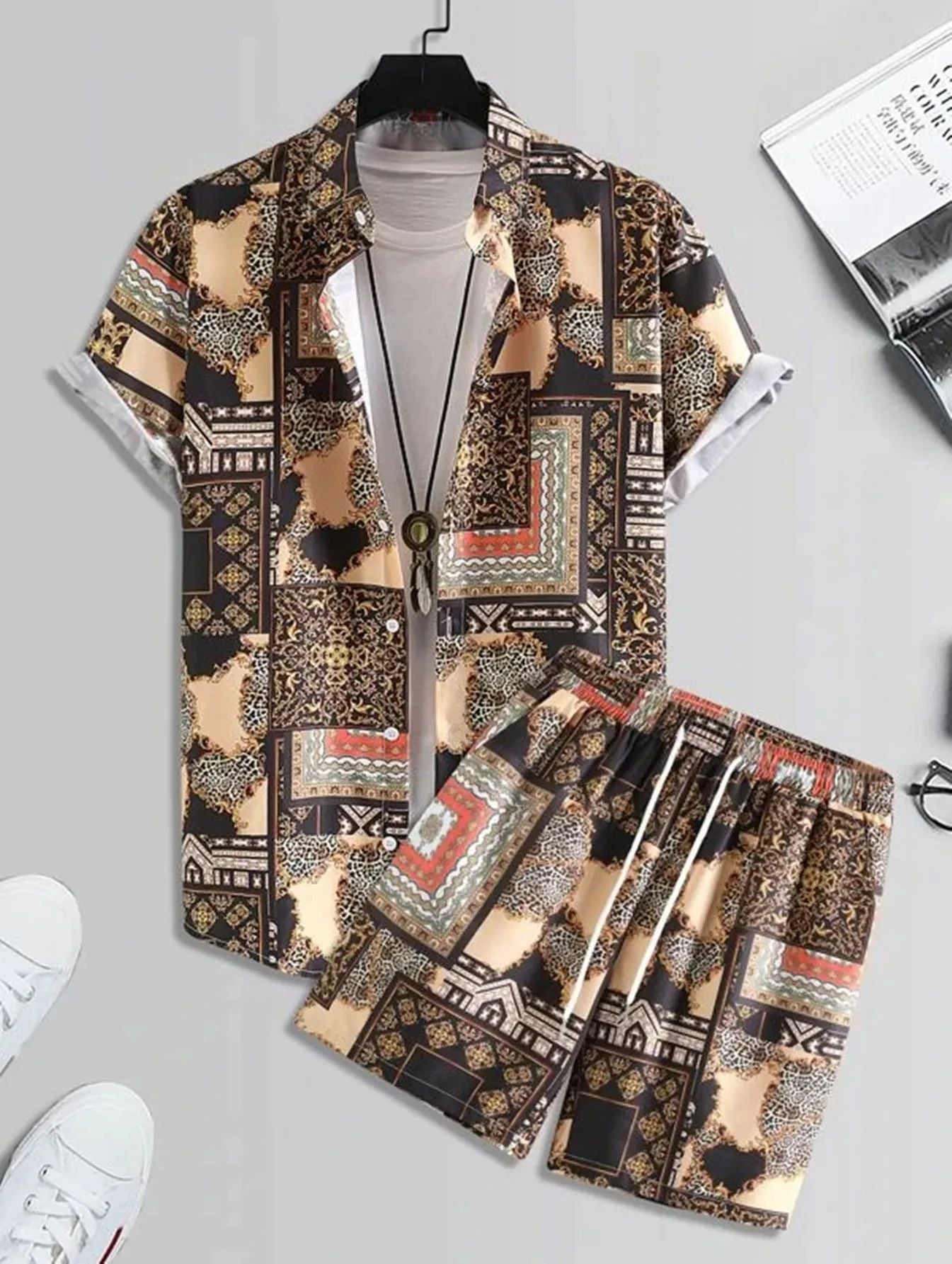 Short Sleeve Men's Summer Loose Foreign Trade Cross-border Casual Hawaiian Floral Beach Shirt Shorts
