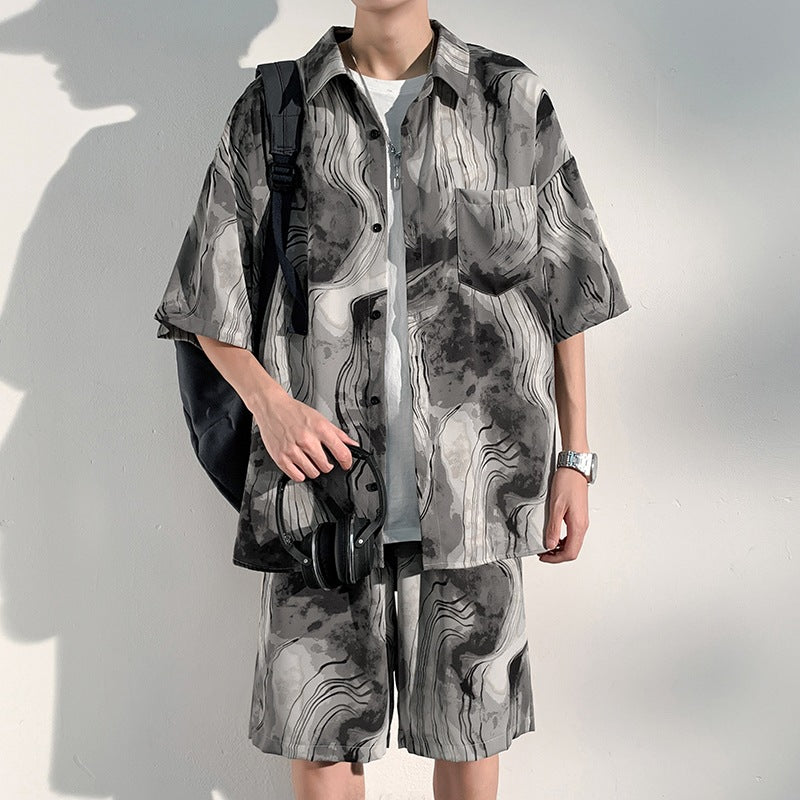 Cool Feeling Ice Silk Short Sleeve Shirt Shorts Loose And Handsome Clothes Set