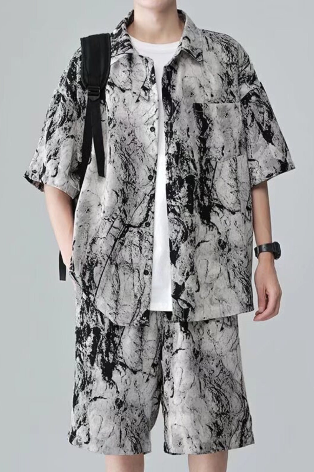 Cool Feeling Ice Silk Short Sleeve Shirt Shorts Loose And Handsome Clothes Set