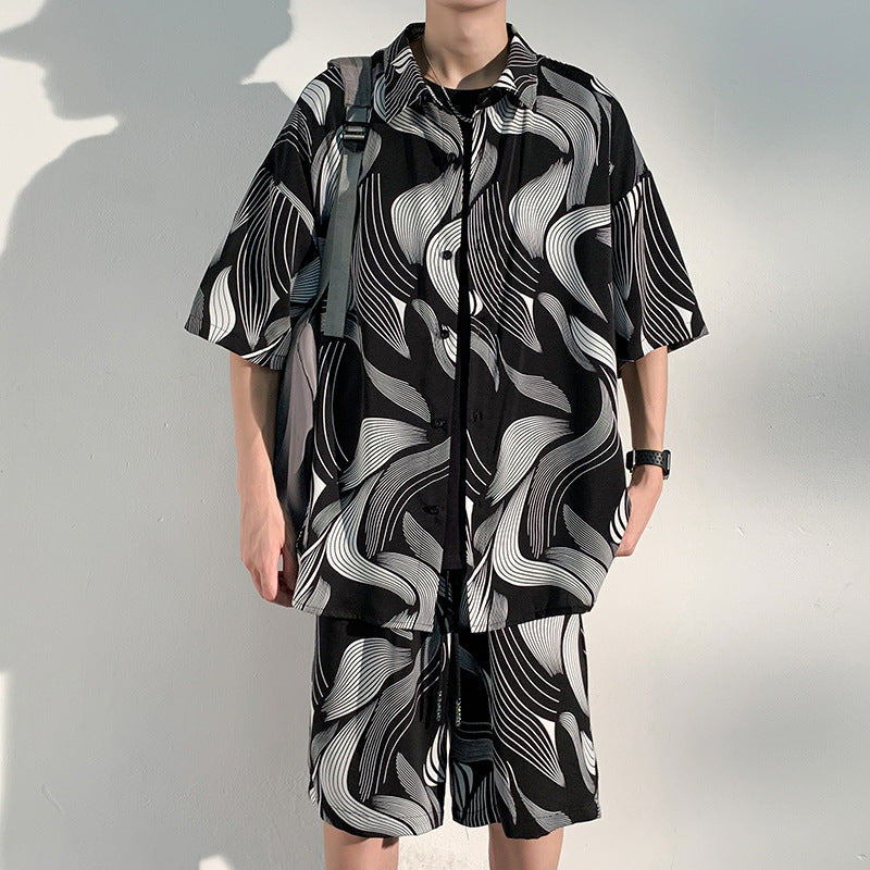 Cool Feeling Ice Silk Short Sleeve Shirt Shorts Loose And Handsome Clothes Set
