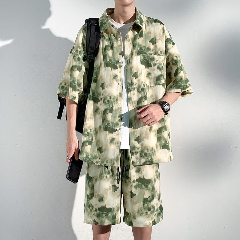 Cool Feeling Ice Silk Short Sleeve Shirt Shorts Loose And Handsome Clothes Set